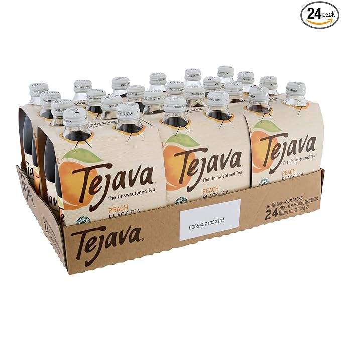 Tejava Peach Black Iced Tea, 24 Pack, 12oz Glass Bottles, Unsweetened, Non-GMO, Kosher, No Sugar or Sweeteners, No calories, No Preservatives, Brewed in Small Batches