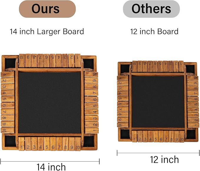 VAMSLOVE Upgraded 14 inches Shut The Box Dice Game Wooden Board Table Math Game with 8+4 Dice for 2-4 Player 4-Sided 10 Number Close The Box for Kids and Adult-Instruction Included