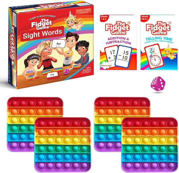 THE FIDGET GAME Grades 1 and 2 Learning Bundle - Flashcards and Pop Fidget Toys for Kids - Learning Activities and Games for High-Frequency Dolch Sight Words, Math, and Time - Includes Mats and Dice