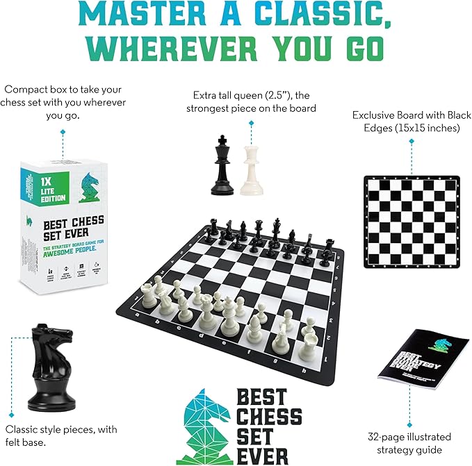 Best Chess Set Ever Portable Chess Set 1X Single Weighted Staunton Pieces with 15 in Foldable Silicone Chess Board, Lite Edition for Kids & Adults, Travel Chess Set for Begginers and Pros