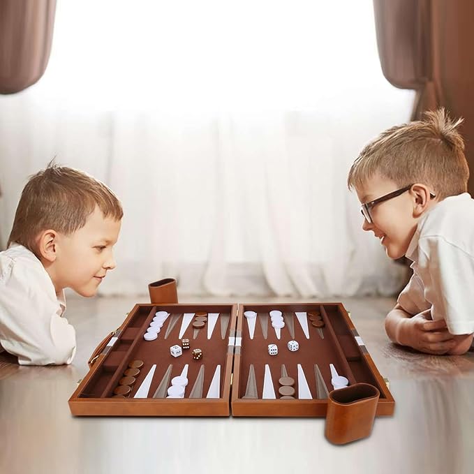 Backgammon Set - Classic Board Game with Premium Leather Case - Portable Travel Strategy Backgammon Game Set for Adults, Kids (11inch, Brown)