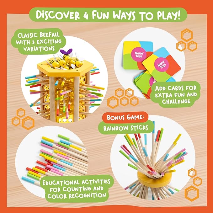Nene Toys BeeFall, 4-in-1 Wooden Honey Bee Toy for Kids Ages 3-9 - Educational Game with Wooden Honeybee Hive, 12 Bees, Colorful Sticks, Dice & Cards - Fun Family Game for Cognitive Development