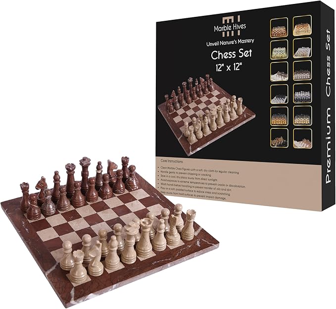 Handmade Marble Chess Set - Marina & Virona (12 x 12 Inches) - Chess Sets for Adults - Premium Quality Chess Boards - Fancy Chess Boards