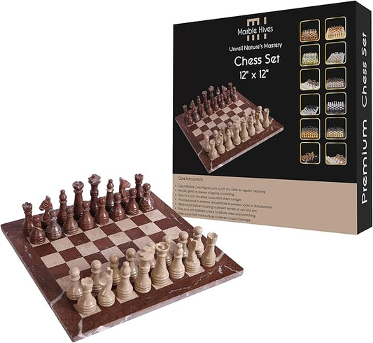 Handmade Marble Chess Set - Marina & Virona (12 x 12 Inches) - Chess Sets for Adults - Premium Quality Chess Boards - Fancy Chess Boards