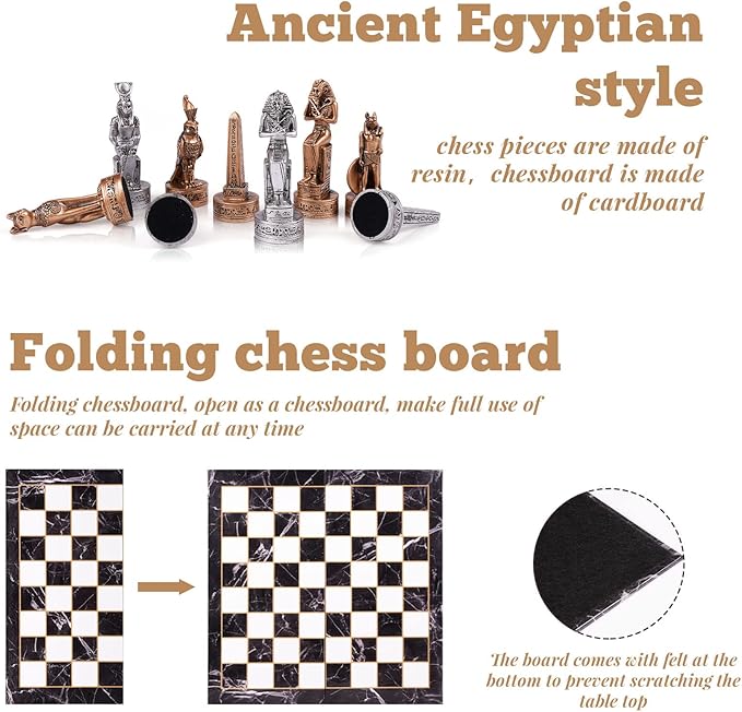 15" Figures Egyptian Style Chess Sets for Adults and Cardboard Chess Board Family Large Folding Chess Board Game 3D Resin Chess Pieces and Storage Slots, 2 Players