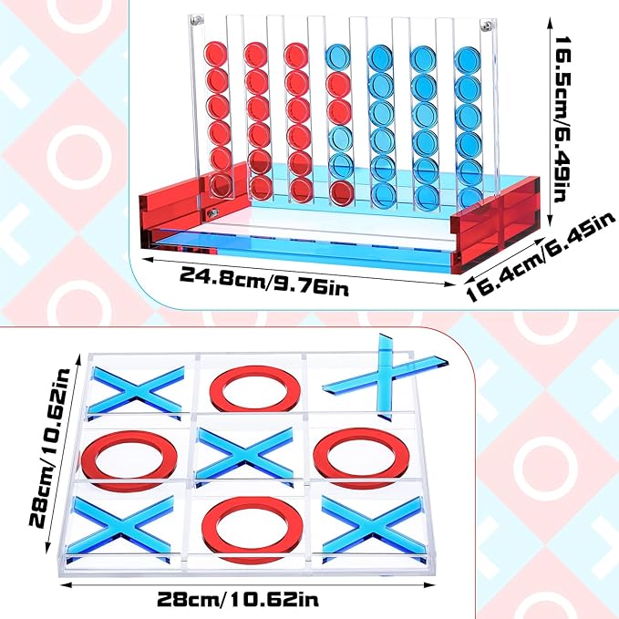 Set of 2 Acrylic Tic Tac Toe and 4 in a Row Game Classic Board Outdoor Games for Adults and Family Table Games Strategy Board Games for Living Room Table Guest Room Decor(Red and Blue)