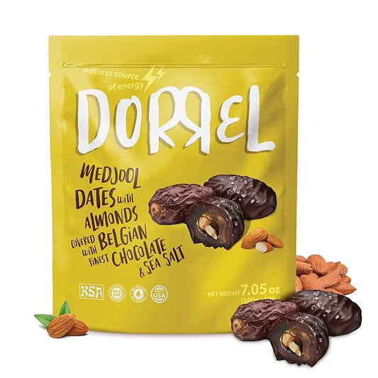 Dorrel Belgian Dark Chocolate Covered Medjool Dates Stuffed with Salted Almonds, Nutritious and Tasty Dark Chocolate Almond with Sea Salt, High-Energy Snack, Non-GMO, Kosher,