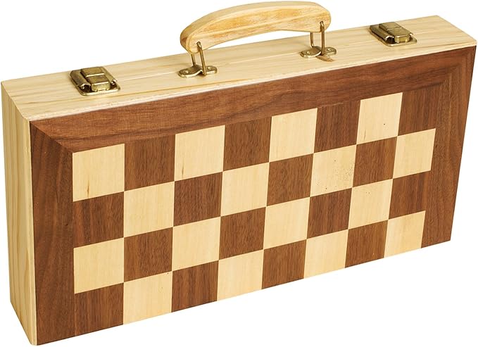 Sterling Games 16" Solid Wooden Chess Set Travel Folding Board with Brass Locks and Felted Interior Storage with Piece Holders