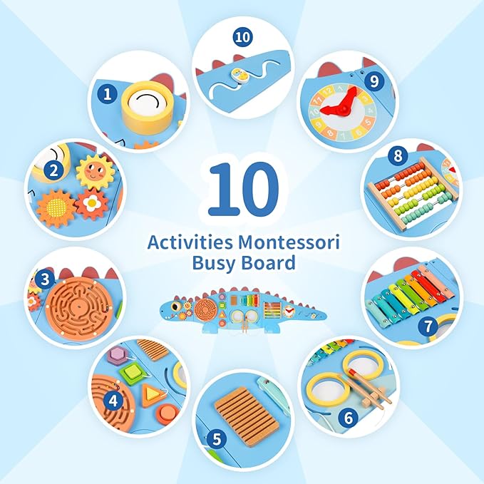 Dinosaur Sensory Wall Panel for Kids,10-in-1 Wall Toys for Toddlers, Montessori Busy Board, Activity Wall Busy Board Suitable for Toddler Playroom Bedroom Decor