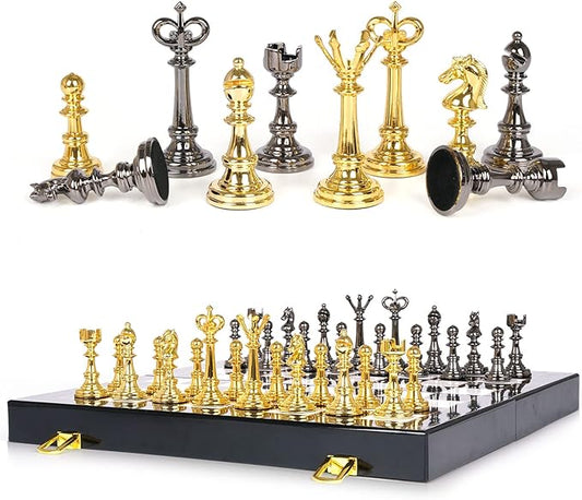 Metal Chess Set and Checkers Game Set 15 inch(2 in 1) Chess Board Games for Adults Kids Metal Chess Pieces & Portable Folding Wooden Chess Board Travel Chess Sets Metal Chess Pieces with Storage Box
