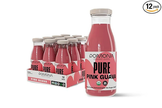 Pomona Organic Juices Pure Pink Guava Juice, 8.4 Ounce Bottle (Pack of 12), Cold Pressed Organic Juice, Non-GMO, No Sugar Added, Not from Concentrate, Gluten Free, Kosher Certified, Preservative Free