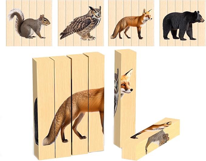 Wooden Animal Chunky Puzzles for Toddlers 2+ Years - Montessori 4 in 1 Woodland Creature Block Puzzle Toy