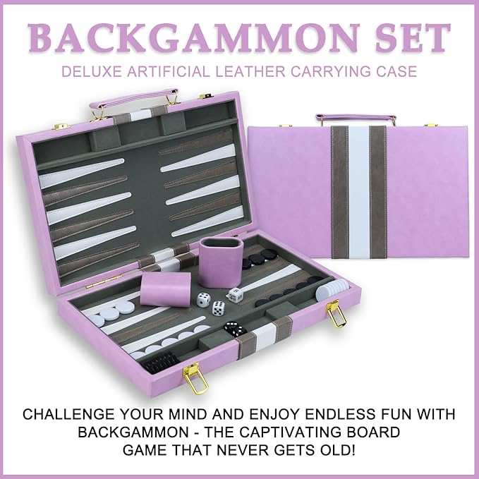 Backgammon Sets for Adults, 15 inch Backgammon Brown Sets Classic Board Game with Premium Leather Case, Portable Travels Strategy Backgammon Game Set for Adults, Kids (Purple)