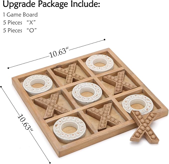 NIKKY HOME Tic Tac Toe Game Coffee Table Decor, 10.6 Inch Rustic Wooden Board, Wood & White