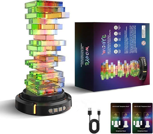 Glow in the Dark Tumbling Tower Game, Rotatable Base and Pickup Lights, Acrylic Blocks, Glowing RGB Stacking Game for Adult Kid, Indoor Board Game for Family Nights Party, Gift for Birthday Christmas