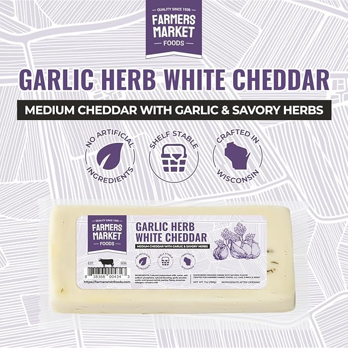 Farmers' Market Garlic Herb White Cheddar Cheese Block 7oz, Shelf Stable, Locally Sourced Wisconsin Cheese, All Natural Cheese Snack, Perfect for Slicing and Shredding, 3-Pack