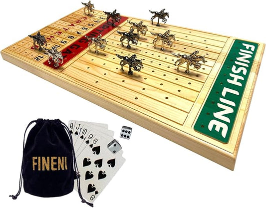 Horse Racing Game for Adults, Horse Race Board Game with 11 Luxurious Metal Horses (Silver, Black), 22” Pine Wood Horse Race Game Board, Dice & Card Included (Log Color2)