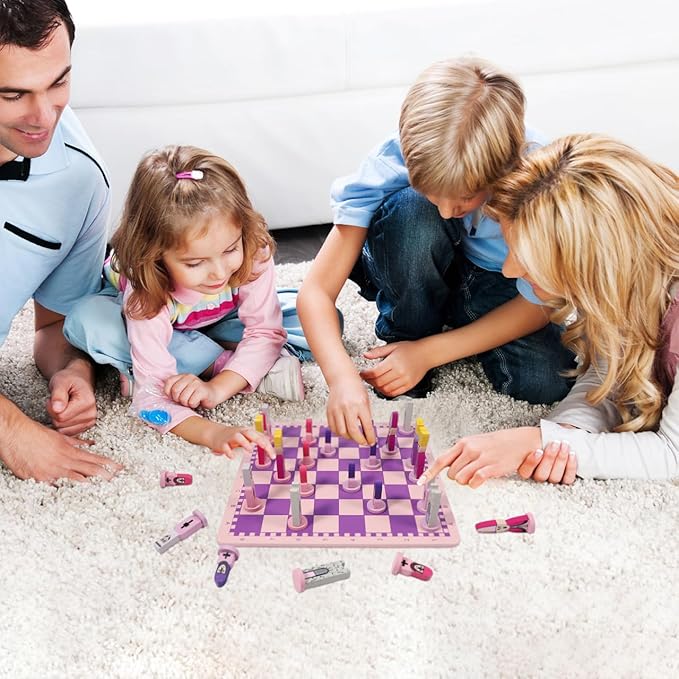 TOYANDONA Wooden Chess Set, 11.8 inch Cartoon Travel Chess Set Pink Chess Board Game Set with Cute Chess Pieces for Kids and Adults