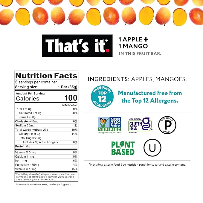 That's it. Fruit Bars 12 Variety Pack 100% Natural Real Fruit Bar, High Fiber Vegan, Gluten Free, Paleo, Non-GMO No Sugar Added (6 Mango, 6 Cherry)