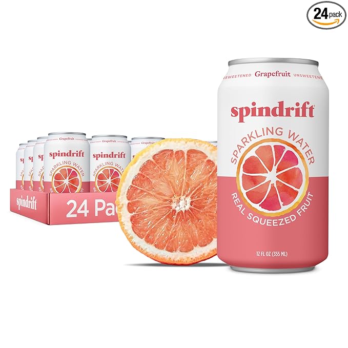 Spindrift Sparkling Water, Grapefruit Flavored, Made with Real Squeezed Fruit, (Only 15 Calories per Can), 12 Fl Oz (Pack of 24)