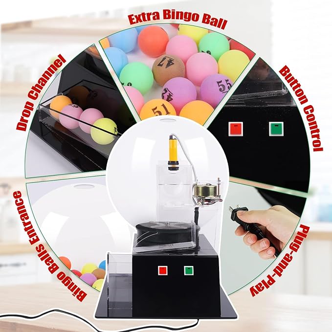 Lottery Bingo Ball Machine, 110v Automatic Electric Acrylic Bingos Cage and Balls Set with Calling Balls, Colorful Chips Bingo Game Sets for Adults Large Group Family