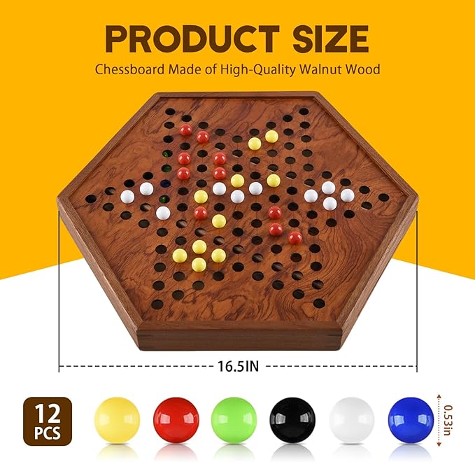 16.5" Large Chinese Checkers Upgraded Version Wooden Game Board, 16mm 60+12 Colorful Acrylic Marbles, Easy Grasping for Adults and Kids, with Storage Drawer, Fun for Family Gathering