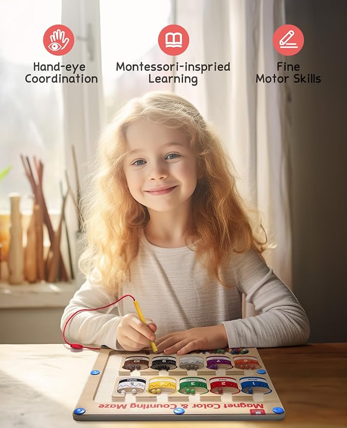 GAMENOTE Magnetic Color and Number Maze - Educational Fine Motor Skills Toys for Boys Girls 3 4 5 Years Old, Wooden Color Matching Learning Counting Toddler Puzzle Board