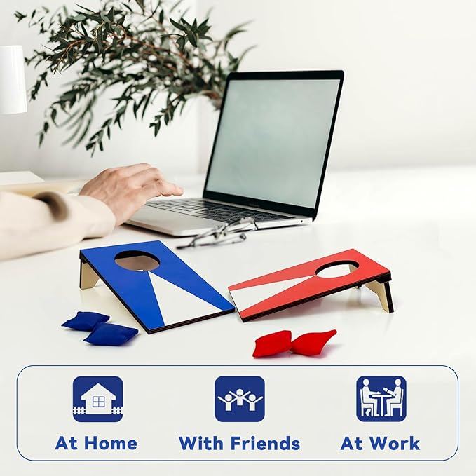 2PCS Mini Tabletop Cornhole Boards, 4.7" W x 7.7" L Wooden Desktop Toss Game with 8 Bean Bags, Portable Game Set for Travel Home