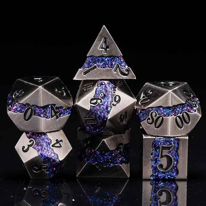 Metal Dice Set D&D, 7 PCS RPG Metallic Glitter Stripe Dice Set with Gift Box for Dungeons and Dragons Role Playing Games
