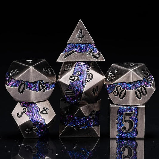 Metal Dice Set D&D, 7 PCS RPG Metallic Glitter Stripe Dice Set with Gift Box for Dungeons and Dragons Role Playing Games