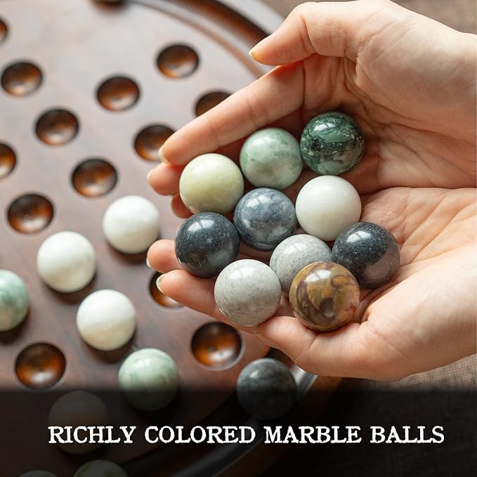 Deluxe Solitaire Game Set: 12.6'' Solid Wooden Board, 32 Natural Marble Balls, Single-Player Strategy and Smart Games