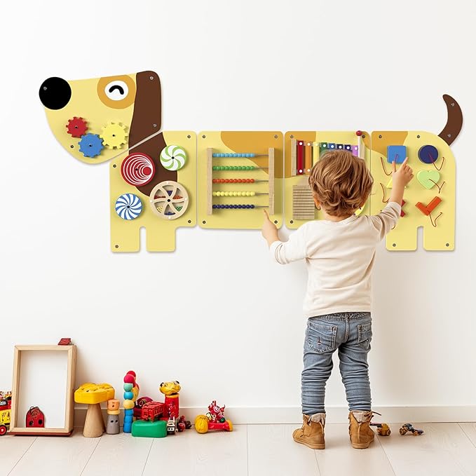 Dog Activity Wall Busy Board Panels, Puppy Montessori Sensory Toys, Sensory Wall Panel for Kids, Wooden Learning Toys, Educational Toy for Toddler Playroom & Children's Daycare