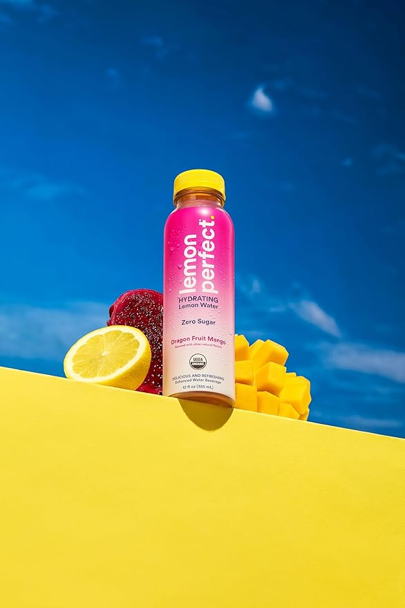 Lemon Perfect, Hydrating Organic Lemon Water, Zero Sugar, Flavored Water, Squeezed from Real Fruit, Plastic Neutral, No Artificial Ingredients, Dragon Fruit Mango (12oz Bottles) 12pk