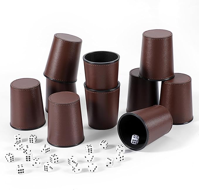 10x Dice Cup Set, PU Leather Dice Shaker Cups with 50 Dices for Bar Party Yahtzee Farkle Dice Games, Coffee (10, Brown)