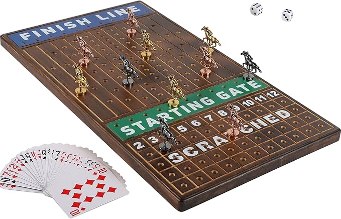 Large 21 inches Horse Racing Board Game Thickened Solid Wood with 11 Luxurious Durable Classic Metal Horses Including Dice and Cards Finish LINE Race Game Set (Large, Burning)