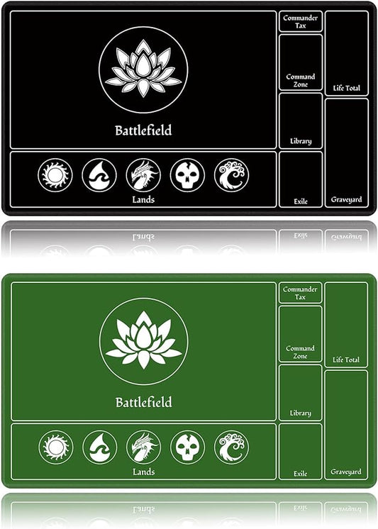 Card Playmat Stitched with Magic Zones, Game Mats Tabletop 24x14 inch for MTG/TCG Card Battles Commander Deck Gaming Desk Mat Duel Mat Card Gameplay Mats for Beginner (Black, Green, 2 Pack)