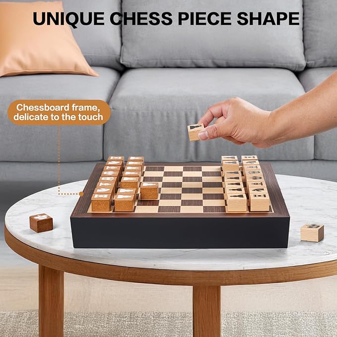 Unique Wooden Chess Set for Kids Adults, 12.5 Inch Chess Board Game with 2 Built-in Storage Drawers, Handmade Chess Pieces, 2 Extra Queens-Chess Table for Beginner/Home Decor