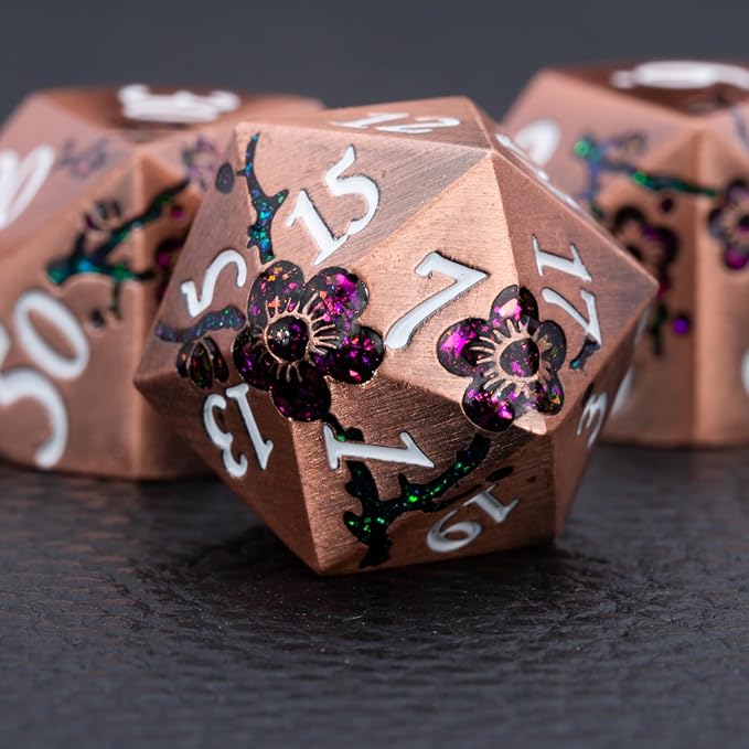 Glitter Purple DND Metal Dice, Flower Metal DND Dice Set with Gift Case for Dungeons and Dragon,7PCS Solid Metal Dice Tabletop Game (Antique Red Copper-Red)