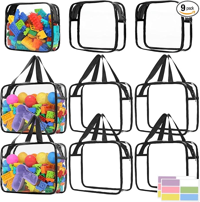 9 Pcs Toy Storage Bags, Clear PVC Toy Organizer Bag Include 6Pcs Large Handheld and 3Pcs Medium Zipper Bags with Labels for Organizing Board Game, Building Blocks (Black)