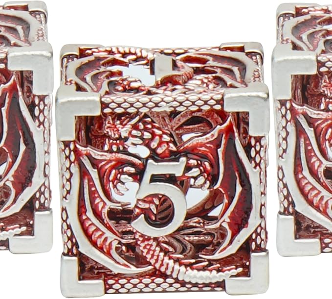 DND Dice,Hollow D&D Metal Dice,Dungeons and Dragons Dice Set with Gift Box,7 PCs Steampunk Polyhedral Dice Games Set for RPG,MTG,Pathfinder(Dragon red 1)