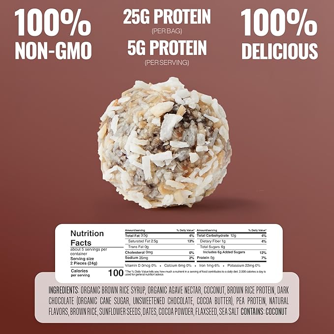 The GFB Dark Chocolate Coconut Protein Bites - Gluten Free, Plant Based, Non GMO, Sustainably Made – Ridiculously Tasty, Healthy, Vegan, Protein Energy Balls, 4 oz (6 Count)