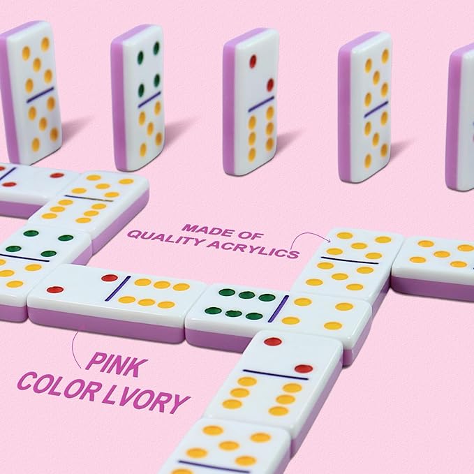 Dominoes Set for Adults, Double 6 Dominos Game Set with 28 Domino Tiles Double with Upscale Gift Boxes -7 Polyhedral Dice -Classic Board Games (Pink)