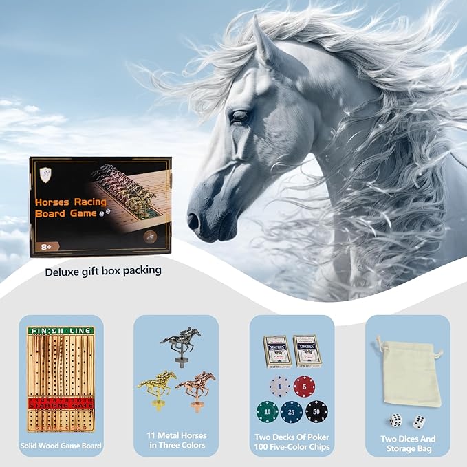 Horse Racing Board Game Thickened Solid Wood Finish Line Horse Race Game with 11 Metal Horses with 2 Sets of Dice,2 Boxes of Cards and 100 Poker Chips for Parties and Gambling