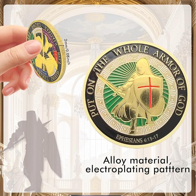 Armor of God Coin Challenge CoinRound Commemorative Coins Put on The Whole Armor of God Souvenir Prayer Metal Christian Coin for Military Church Party Collectors (Edition A - 9 Pcs)