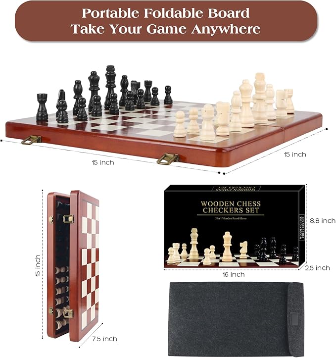Magnetic Wooden Chess Set & Checkers Board Game - 15" Folding Chess Board, Portable Chess Set for Adults, Classic Wooden Chess Sets for Beginners