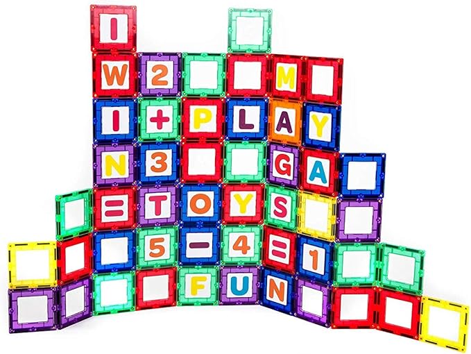 Playmags Magnetic Tile Building Set: Exclusive Educational Clickins – 80-Pc. Kit: 40 Super Strong Clear Color Magnet Tiles Windows & 40 Letters & Numbers – Stimulate Creativity & Brain Development