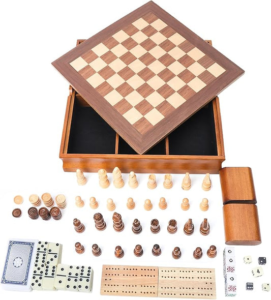 GSE Games & Sports Expert Wooden 7-in-1 Board Game Set - Chess, Checkers, Backgammon, Dominoes, Cribbage Board, Playing Card & Poker Dice Game Combo Set (Old Fashioned)