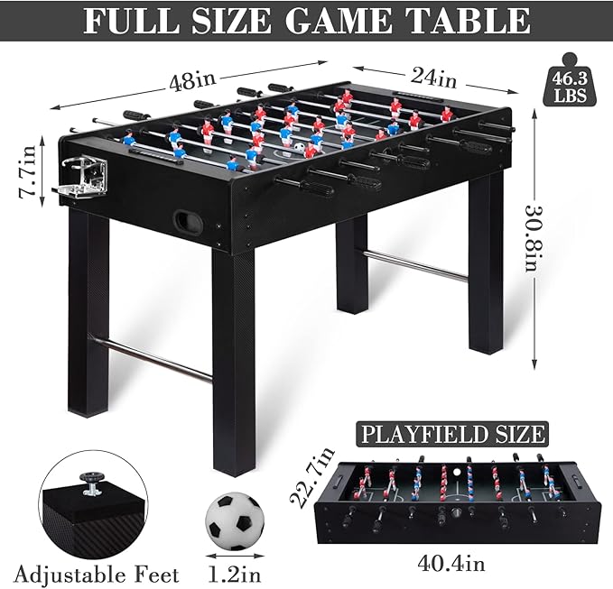 48in Foosball Table, Competition Sized Soccer Table w/ 2 Balls, 2 Cup Holders 2x4ft for Kids, Adults, Suit for 4 Players, Football Table for Home, Game Room, Arcade