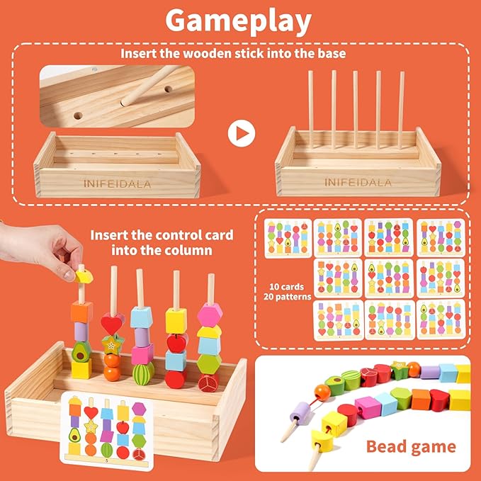 Toddler Learning Montessori Toys for 3 4 5 6 Year Old,Rainbow Stacking & Lacing Beads & Matching Shape Stacker - Wooden Peg Board Beads Sequencing Toy Set - Fine Motor Skills Toys for Boys & Girls
