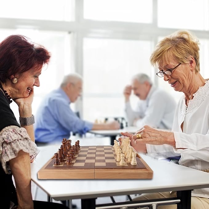 GSE Games & Sports Expert 16" Deluxe 3-in-1 Wooden Folding Chess, Checker & Backgammon Board Game Combo Set, Portable Travel Game Set for Kids & Adults